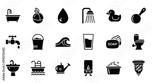 Collection of bathroom icons featuring various fixtures and accessories in a simple black and white style