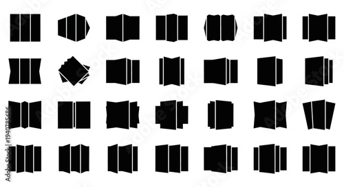 A grid of 30 black abstract geometric shapes on a plain white background viewed from directly above