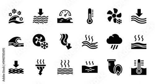 Collection of simple black icons representing various weather elements and water cycle processes illustrated on a clean white background