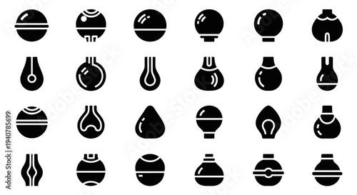 Collection of various black and white vase icons displayed on a plain white background from a direct viewpoint