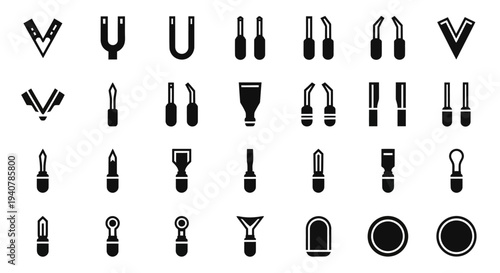Collection of various black icons representing tools and objects on a clean background viewed from a straightforward perspective