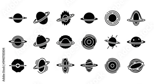 Collection of various planet and celestial body illustrations showcasing different astronomical elements and styles