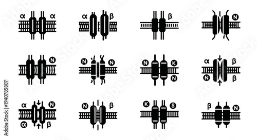 Collection of abstract mechanical illustrations featuring gears and mechanical components in a grid pattern from a straightforward viewpoint