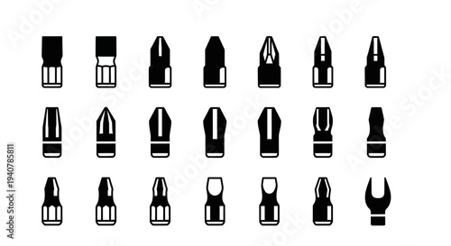 Collection of Various Bullet Types and a Wrench Displayed in a Grid Pattern on a Neutral Background