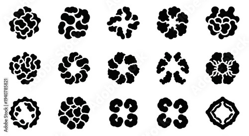 Collection of various black and white abstract floral and geometric shapes arranged in a grid pattern on a plain background from a direct viewpoint