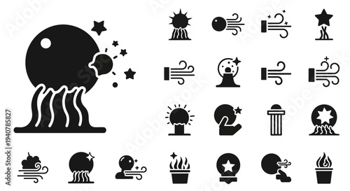 Collection of black icons depicting various explosion and burst effects in a simple, graphic style