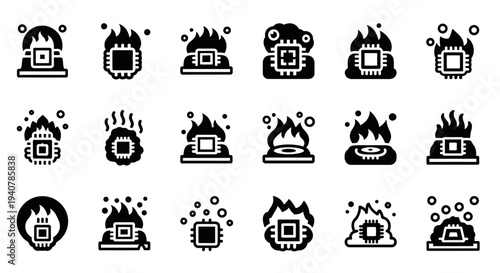 Collection of icons depicting various electronic devices in distress or malfunctioning states on a clean white background from a straightforward viewpoint
