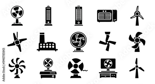 Collection of renewable energy icons representing various sustainable power sources and technologies in a clean and simple visual style