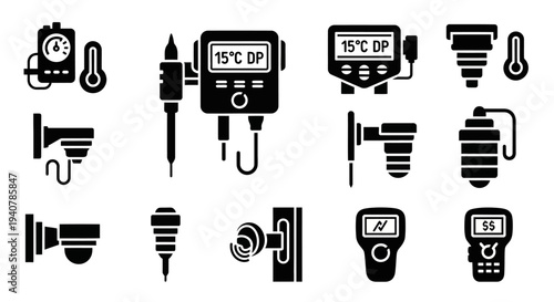 Collection of various temperature measuring devices and thermometers icons on a white background