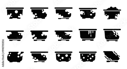 Collection of assorted black silhouettes of kitchen utensils and appliances on a plain background displayed from a straightforward viewpoint