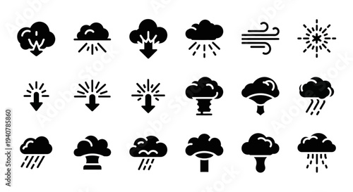 Collection of weather icons depicting various stormy conditions and weather phenomena in black illustrations