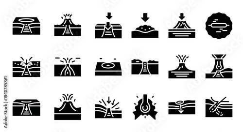 Collection of Simple Volcano Icons in Various Styles and Designs for Educational or Informative Purposes