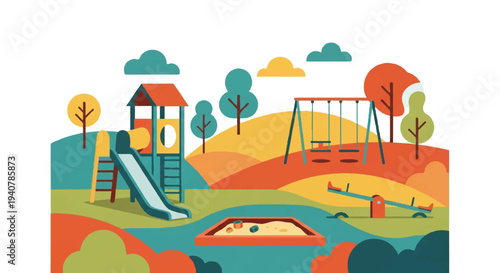 Playground illustration childrens play area with slide swings and sandpit