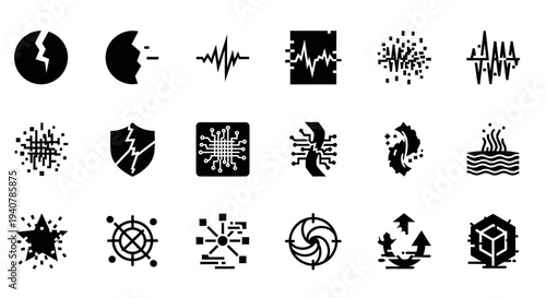 Collection of abstract black icons representing various abstract concepts on a clean background
