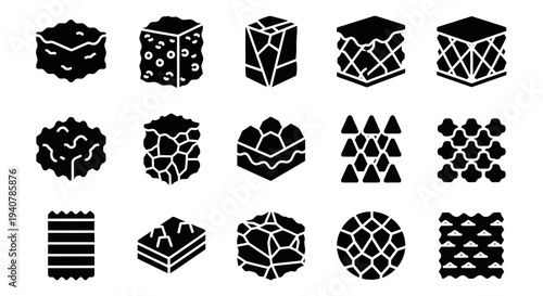 Geometric shapes and 3D objects arranged in a grid pattern, showcasing various designs and structures