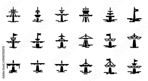 Collection of windmills depicted in various simple vector illustrations showcasing different designs and orientations