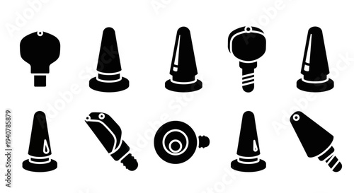 Collection of assorted traffic cones and bollards in various shapes and designs on a plain white background from a straightforward viewpoint