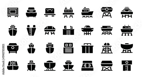 Collection of various black icons representing different objects and concepts on a white background viewed from a straightforward perspective