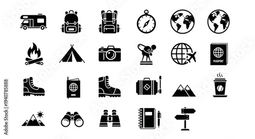 Collection of black travel icons on white background depicting various adventure and exploration elements