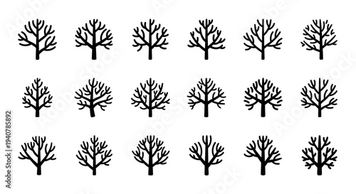 A collection of bare trees silhouetted against a clean backdrop, illustrated in a minimalist style from a frontal viewpoint.