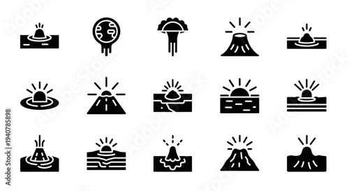 Collection of volcanic eruption icons in various styles and settings, illustrating different aspects of geological activity