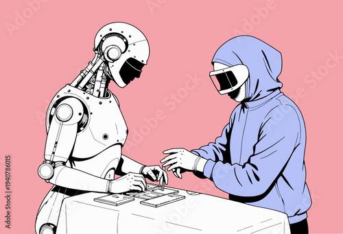 Futuristic Interaction Between humanoid Robot and Person in Virtual Reality Headset at a Minimalist Tabletop Setting
