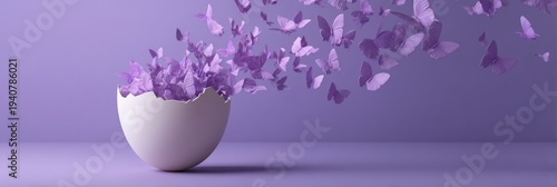 Purple butterflies emerging from a cracked white egg on a pastel violet background, symbolizing freedom, creativity and new beginnings.