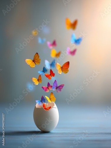 Colorful butterflies emerging from a cracked egg on a blue wooden surface, symbolizing creativity, freedom, and new beginnings.