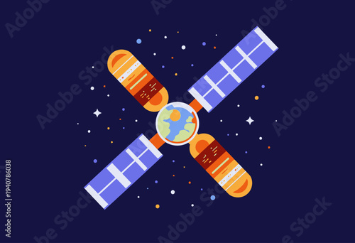 Colorful cartoon-style satellite orbiting Earth surrounded by stars in a deep blue space background, highlighting technology and exploration