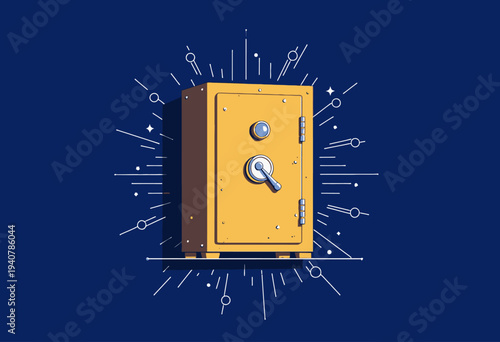 Illustration of a Secure Gold Safe with Stylized Graphic Elements on a Navy Blue Background Representing Security and Protection Themes
