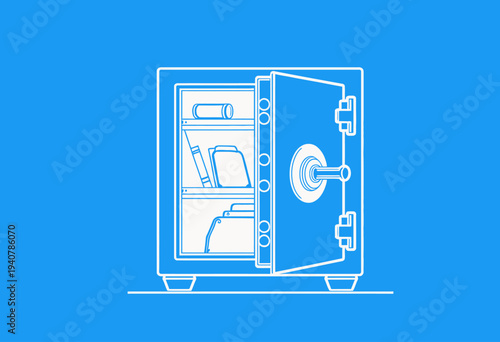 Illustration of an Open Safe Securing Various Valuables Including Cash, Important Documents, and Precious Items in a Secure Enclosed Environment