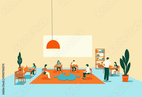 A serene classroom setting with students engaging in various academic activities, guided by a teacher, surrounded by vibrant decor and educational resources.