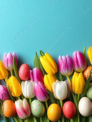 Colorful tulips and decorated Easter eggs arranged along the bottom edge on a turquoise background with copy space.