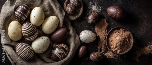 Assorted striped and speckled chocolate Easter eggs arranged on rustic fabric with cocoa powder on a dark textured background.