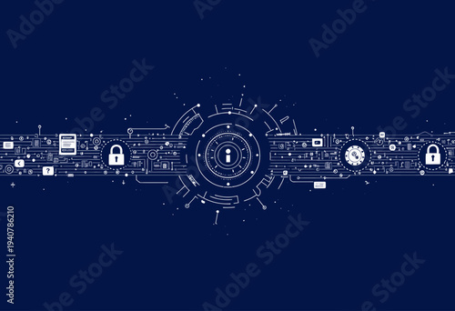 Futuristic Digital Security Interface with Lock Symbols and Circuitry on a Dark Blue Background Representing Cyber Defense and Data Protection