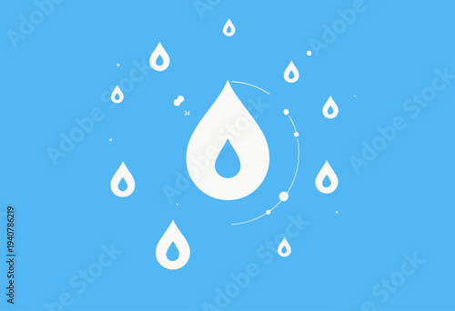 Illustration of Water Droplets Adorned with Abstract Elements Against a Calming Blue Background Symbolizing Purity and Tranquility