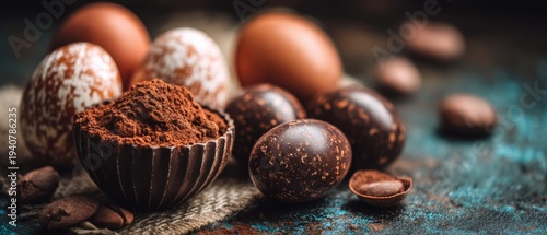 Assorted chocolate and speckled eggs with cocoa powder and cacao beans on rustic textured surface, closeup food still life.