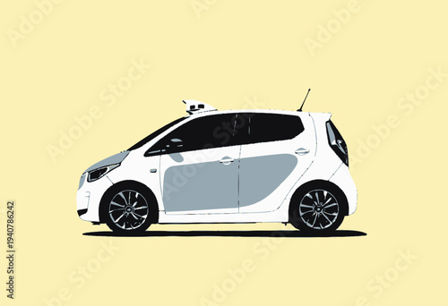 Illustration of a Futuristic White Smart Car Featuring Autonomous Technology and Sleek Design Against Yellow Background