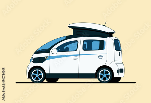 Illustration of a compact white electric vehicle with rooftop tent, showcasing modern eco-friendly travel and camping solutions.