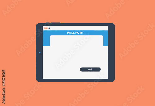 Digital Tablet with Passport Application Interface Displayed Against Coral Background for Online Identity Verification