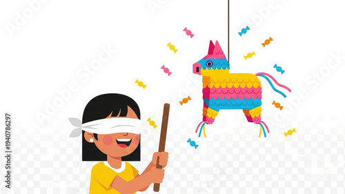 A smiling blindfolded girl holding a stick hitting a colorful piata filled with candy