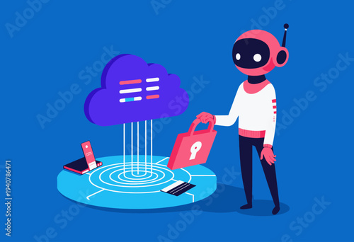 Robot character interacting with a secure cloud computing platform, illustrating data protection and technology integration with digital access management tools