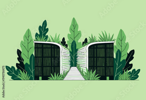 Modern Eco-Friendly Building with a Green Facade Surrounded by Lush Foliage Illustrating Sustainable Architecture and Nature Integration