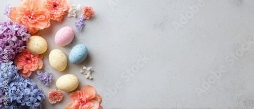 Pastel Easter eggs and spring flowers arranged on a light concrete background with copy space on the right.