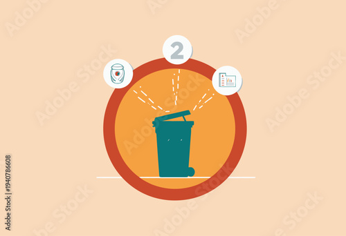 Illustration of a Green Recycling Bin Surrounded by Icons Representing Environmental Protection and Waste Management Strategies