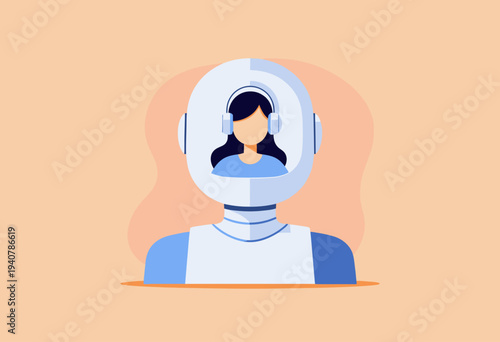 Illustration of a Modern Robot with a Unique Human-like Interface Featuring Headphones Depicting Advanced Artificial Intelligence Technology