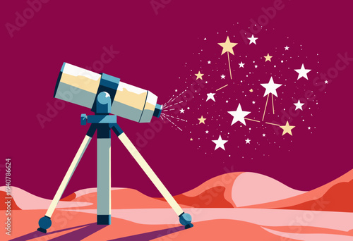 Stargazing Adventure: Exploring Celestial Wonders with a Telescope in a Vastly Colored Night Sky Full of Stars and Constellations over a Surreal Desert Landscape