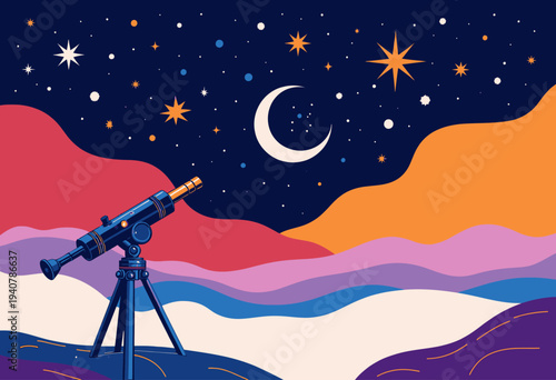 Colorful Artistic Landscape with Telescope Under Starry Night Sky Featuring Crescent Moon and Vibrant Mountains