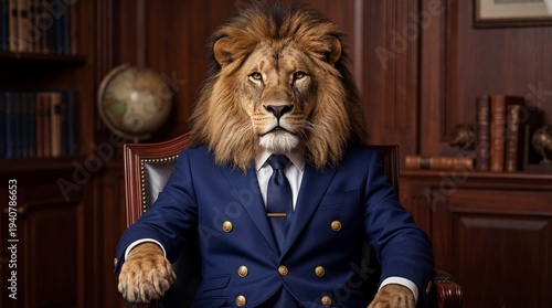 Powerful Lion Wearing a Navy Blue Suit Sitting at a Corporate Office Desk