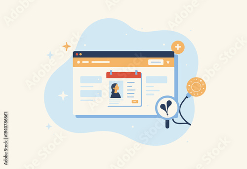 Illustration of an Online Medical Consultation Platform with User Profile Interface and Health Monitoring Features